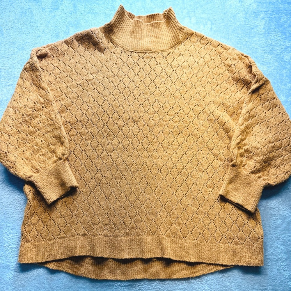 Wonderly Camel Brown Diamond Pointelle Mock Neck Lantern Sleeve Knit‎ Sweater